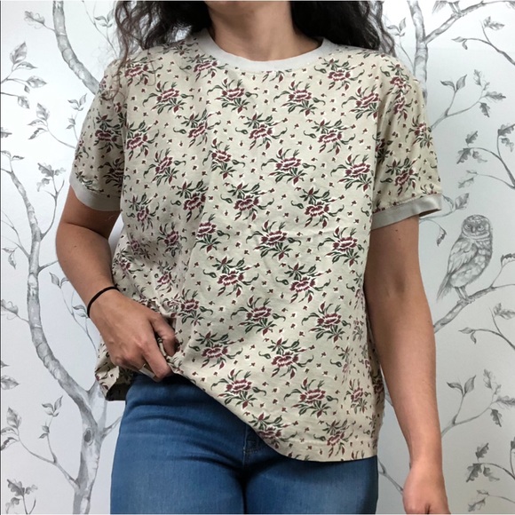 Vintage 90s L.L. Bean boxy floral cream tee - Picture 1 of 7
